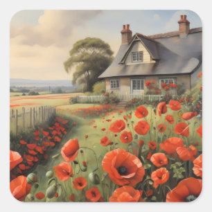 Huisje met piket hek en rode poppie weide vierkante sticker