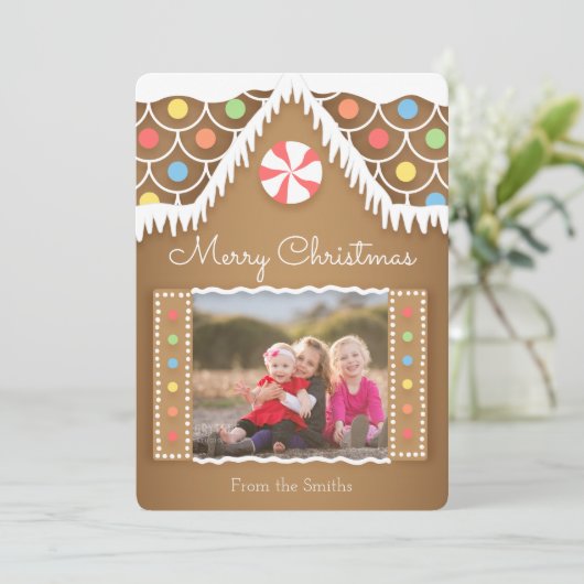 Huisje van peperkoek Kerst fotokaart Feestdagenkaart (Staand voorkant)