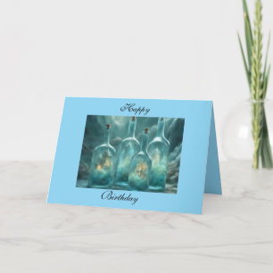 Huisjes in aquamarijnblauwe glazen flessen Happy B Kaart