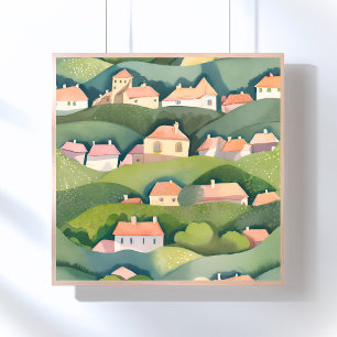 Huisjes op een heuvel   Natuur Waterverf Luchtig S Poster