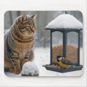 Huiskat die een vogel op een voederplank bekijkt muismat (Voorkant)