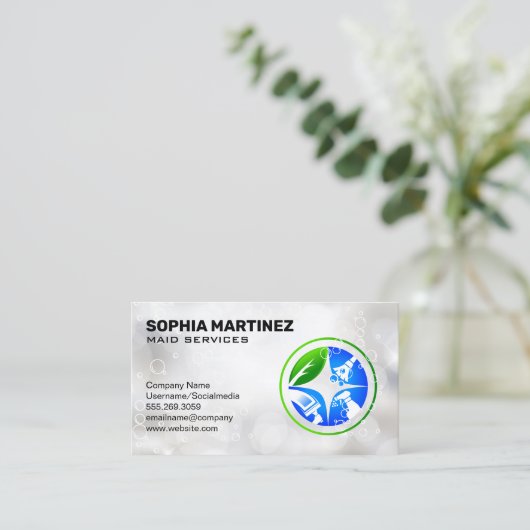 Huisklusjes schoonmaak iconen | Zeepbellen Visitekaartje (Staand voorkant)
