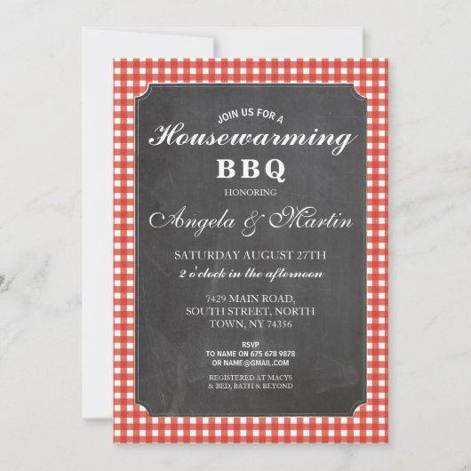 Huisopwarming BBQ Red Check Chalk Invite Kaart (Voorkant)