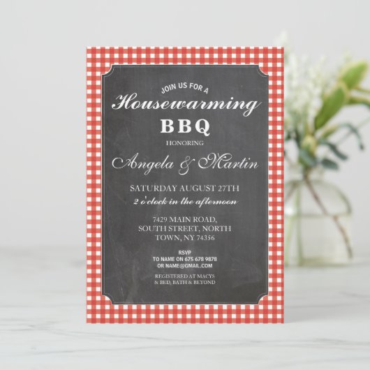 Huisopwarming BBQ Red Check Chalk Invite Kaart (Staand voorkant)