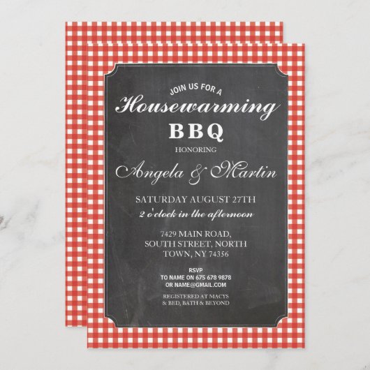 Huisopwarming BBQ Red Check Chalk Invite Kaart (Voorkant / Achterkant)