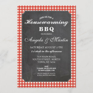 Huisopwarming BBQ Red Check Chalk Invite Kaart