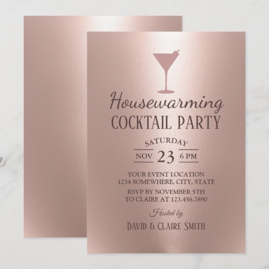 Huisopwarming Cocktail: Blush Roos Gold Kaart (Voorkant / Achterkant)