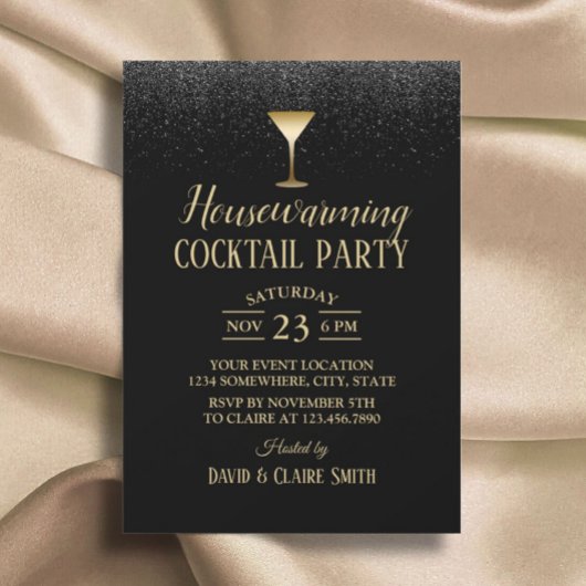Huisopwarming Cocktail Elegant Black Glitter Kaart
