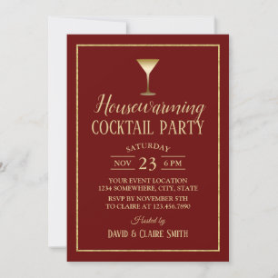 Huisopwarming Cocktail Elegant Burgundy Gold Kaart