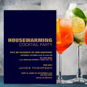 Huisopwarming Cocktail Party Modern Navy Blue Gold Kaart
