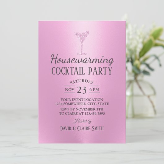Huisopwarming Cocktail Party Moderne roze Kaart (Staand voorkant)