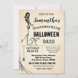 Huisopwarming Halloween party Girl & cat skeleton Kaart