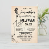 Huisopwarming Halloween party Girl & cat skeleton Kaart (Staand voorkant)