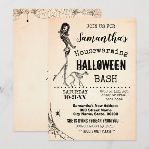 Huisopwarming Halloween party Girl & cat skeleton Kaart