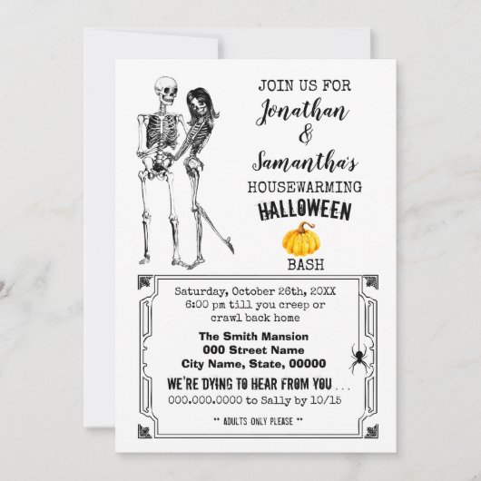 Huisopwarming Halloween party skeleton gothic kopp Kaart (Voorkant)