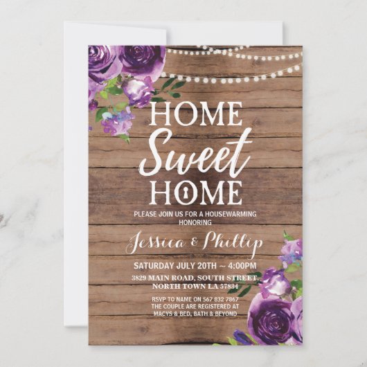 Huisopwarming Partij Paarse Rustic New Home Invite Kaart (Voorkant)