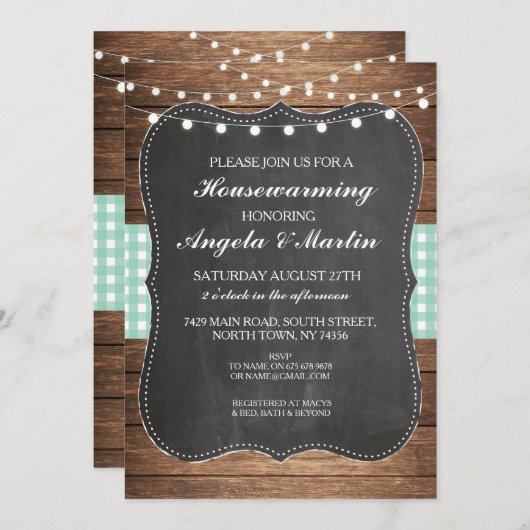 Huisopwarming Party Mint Check Wood Home BBQ Uitno Kaart (Voorkant / Achterkant)
