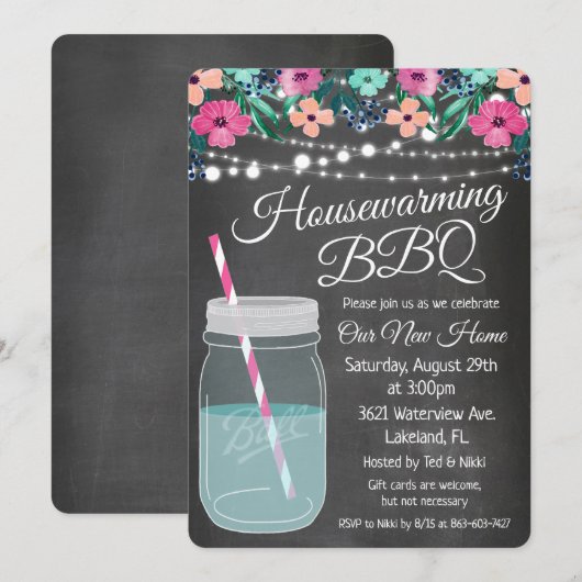 Huisopwarmings BBQ Mason Jar uitnodiging (Voorkant / Achterkant)