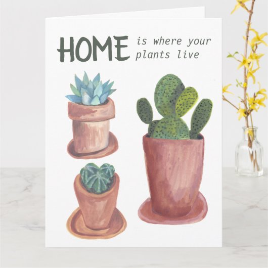 Huisplanten Cactus Happy New Home Waterverf Kaart (Gele Bloem)