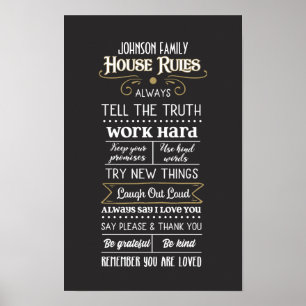 Huisregels met familienaam Wit Goud Poster