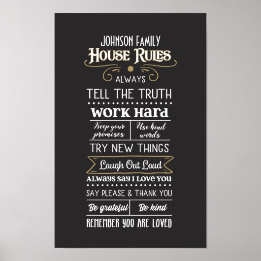 Huisregels met familienaam Wit Goud Poster (Voorkant)