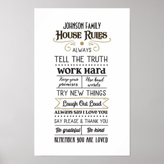 Huisregels met familienaam Zwart Goud Poster (Voorkant)