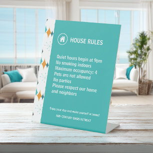 Huisregels voor vakantiewoningen Retro Starburst Reclamebord Met Voetstuk