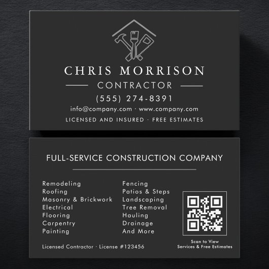 Huisreparatie Contractor Zwart Zilver QR Code Visitekaartje