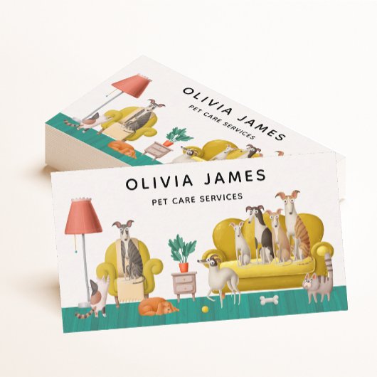 Huisscène hond lopen en dier hond zitten visitekaartje