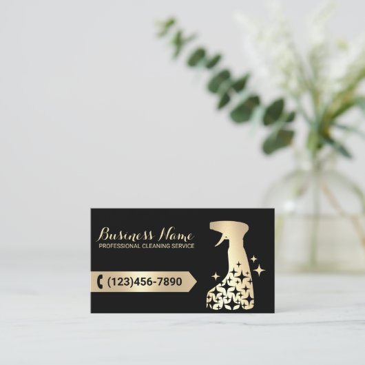 Huisschoonmaakservice Zwart & Gouden Spuitreiniger Visitekaartje (Staand voorkant)