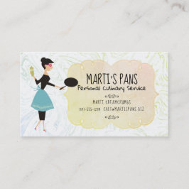 Huisvrouw die pan-chef-cateringvisitekaartje produ visitekaartje