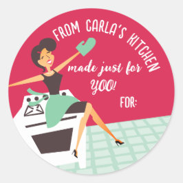 Huisvrouw oven koken bakken uit de keuken van ronde sticker