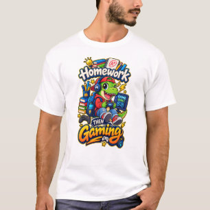 Huiswerk Dan Gamen Grappige Gamer Dinosaurus Jonge T-shirt