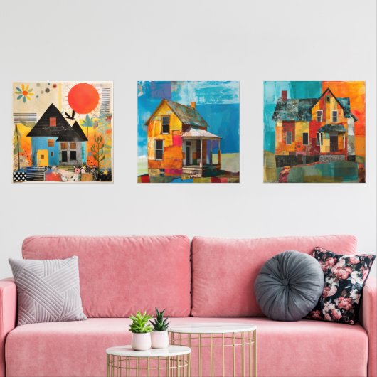 Huizen gemaakt van een collage van stukken en text muurkunst sets (Woonkamer)