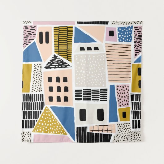 Huizen Hand getekend naadloos Abstract Wandkleed (Voorkant)