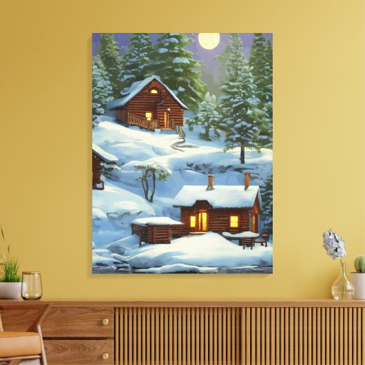 Huizen in Het Bos Sneeuwlandschap ARt Canvas Afdruk (Insitu (Woonkamer))