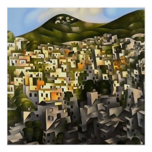Huizen op de heuvel - Abstracte kunst Fethiye Perfect Poster (Voorkant)