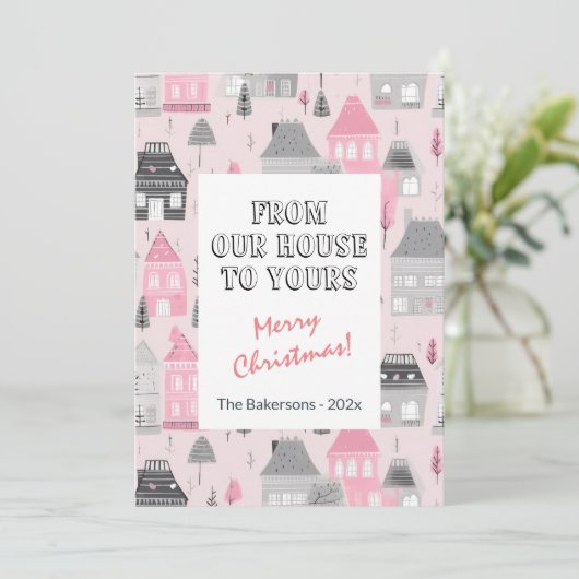  huizen op roze Kaart (Staand voorkant)