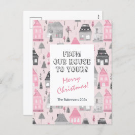 huizen op roze kerstpost Kaart