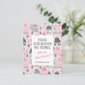  huizen op roze kerstpost Kaart (Staand voorkant)