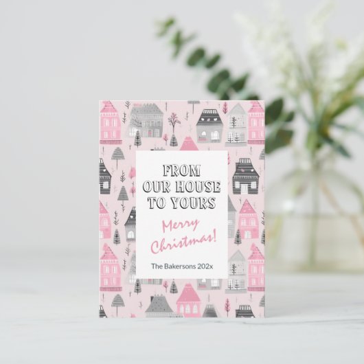  huizen op roze kerstpost Kaart (Staand voorkant)
