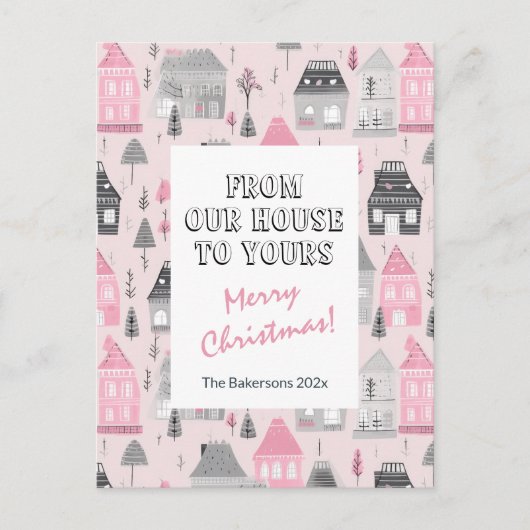  huizen op roze kerstpost Kaart (Voorkant)