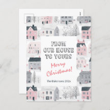  Huizen Roze Grijze Kerstpost Kaart