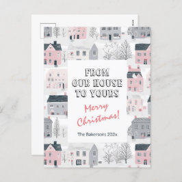 Huizen Roze Grijze Kerstpost Kaart