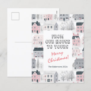 Huizen Roze Grijze Kerstpost Kaart