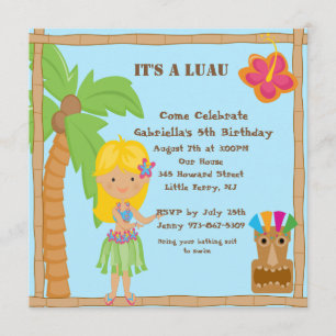 Hula Blonde Girl Luau Square Birthday Uitnodiging