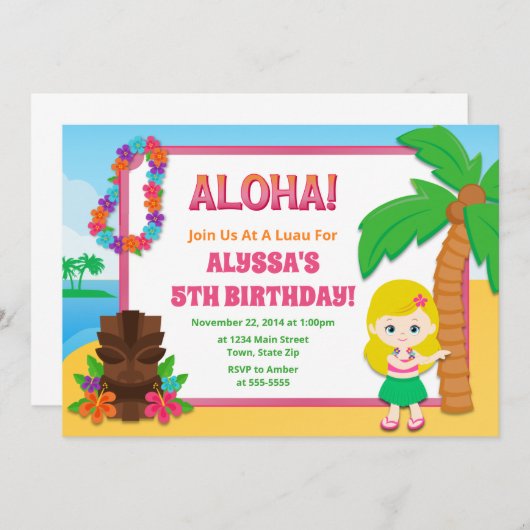 Hula Girl Birthday Uitnodiging Luau Uitnodiging (Voorkant / Achterkant)