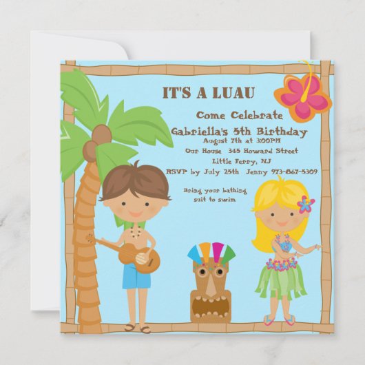 Hula Girl & Boy Luau Square Birthday Invitation Kaart (Voorkant)