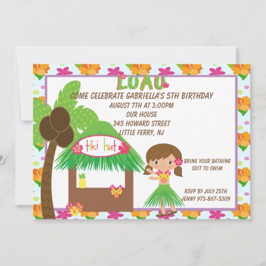 Hula Girl op uitnodiging van Tiki Hut Birthday (Voorkant)