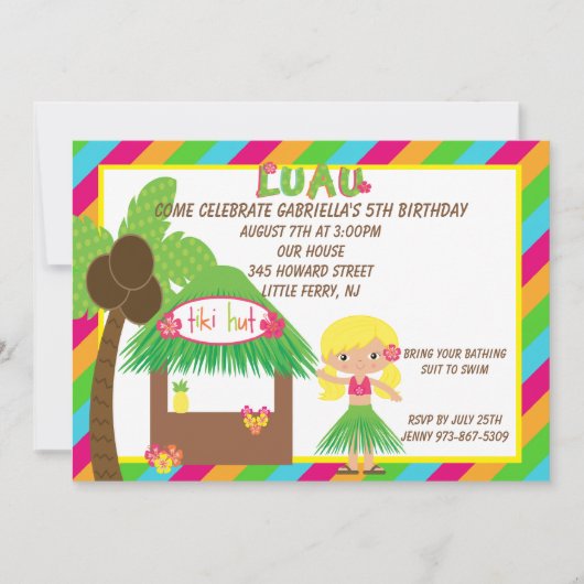 Hula Girl Tiki Hut Bright Birthday Uitnodiging (Voorkant)